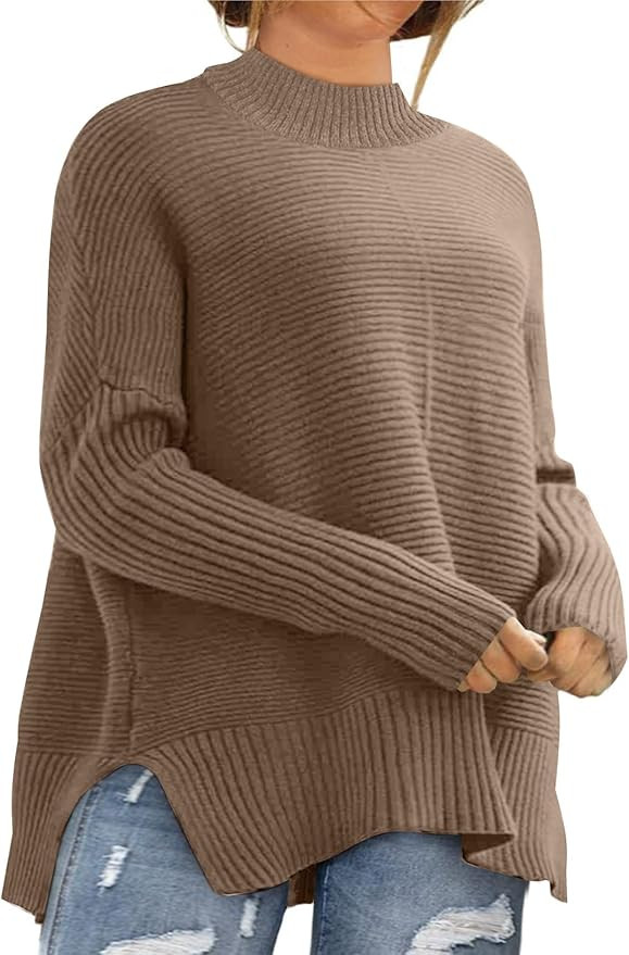 Eytino Womens Plus Size Sweaters Long Sleeve Crew Neck Split Hem Casual Oversized Ribbed Knit Tun... | Amazon (US)