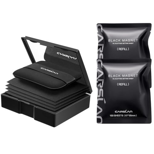 CARSLAN Makeup Blotting Paper with Powder, Black Magnet Blotting Sheet for Oily & Combination Skin, Portable Compact with Puff & Mirror, Keeps Makeup Fresh All Day, 450 Sheets + 8 Refill Adhesive Pads | Amazon (US)
