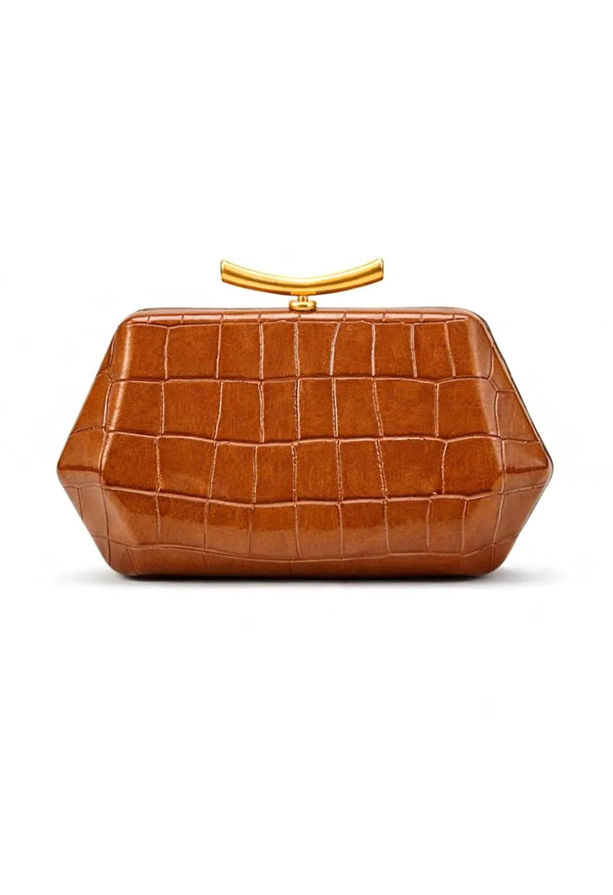 Luxury Croc Embossed Geometric Clutch in Caramel for Gala Dinners & Wedding Receptions | Chicwish