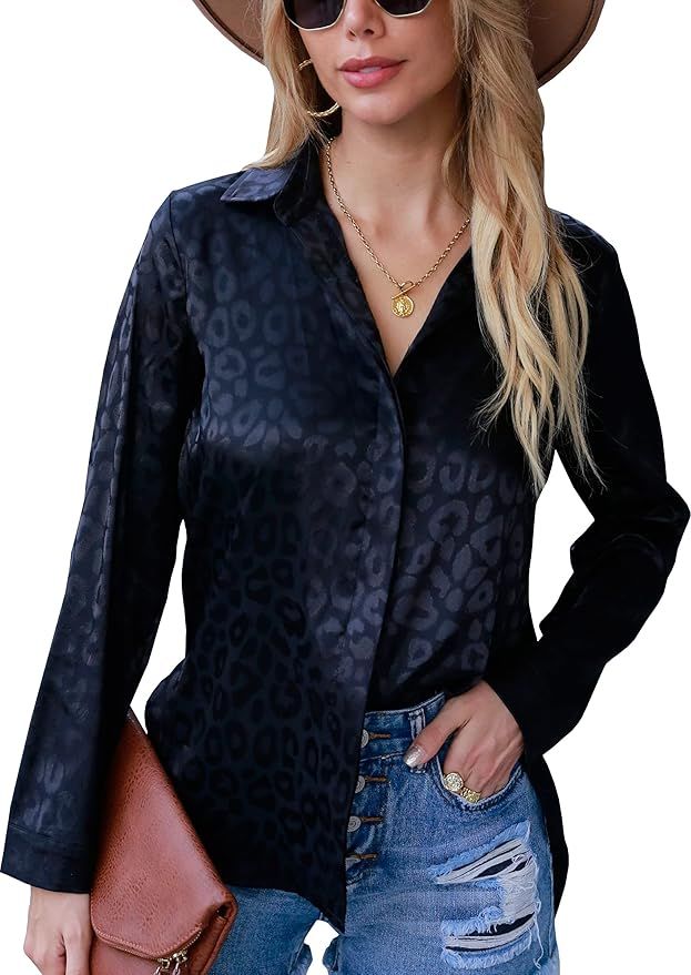 ECOWISH Womens Casual Tops V Neck Leopard Tunic Long Sleeve Button Down Shirts Top | Amazon (US)