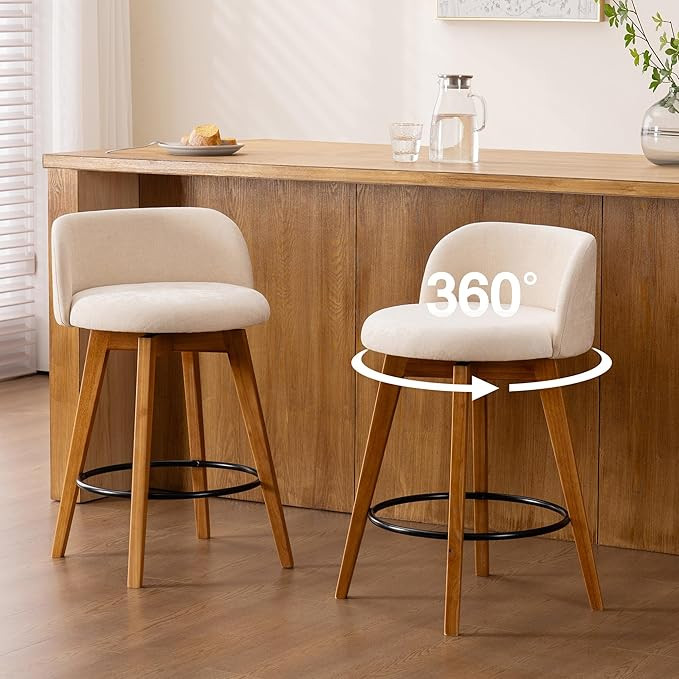 26" Swivel Bar Stools Set of 3, Farmhouse Upholstered Bar Chairs with Curved Back and Wood Legs, ... | Amazon (US)