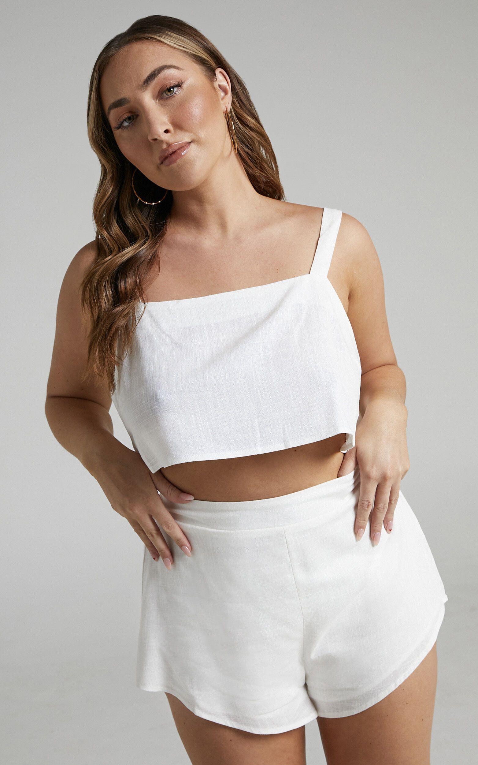 Zanrie Square Neck Crop Top and High Waist Mini Flare Shorts in White Linen Look | Showpo (ANZ)