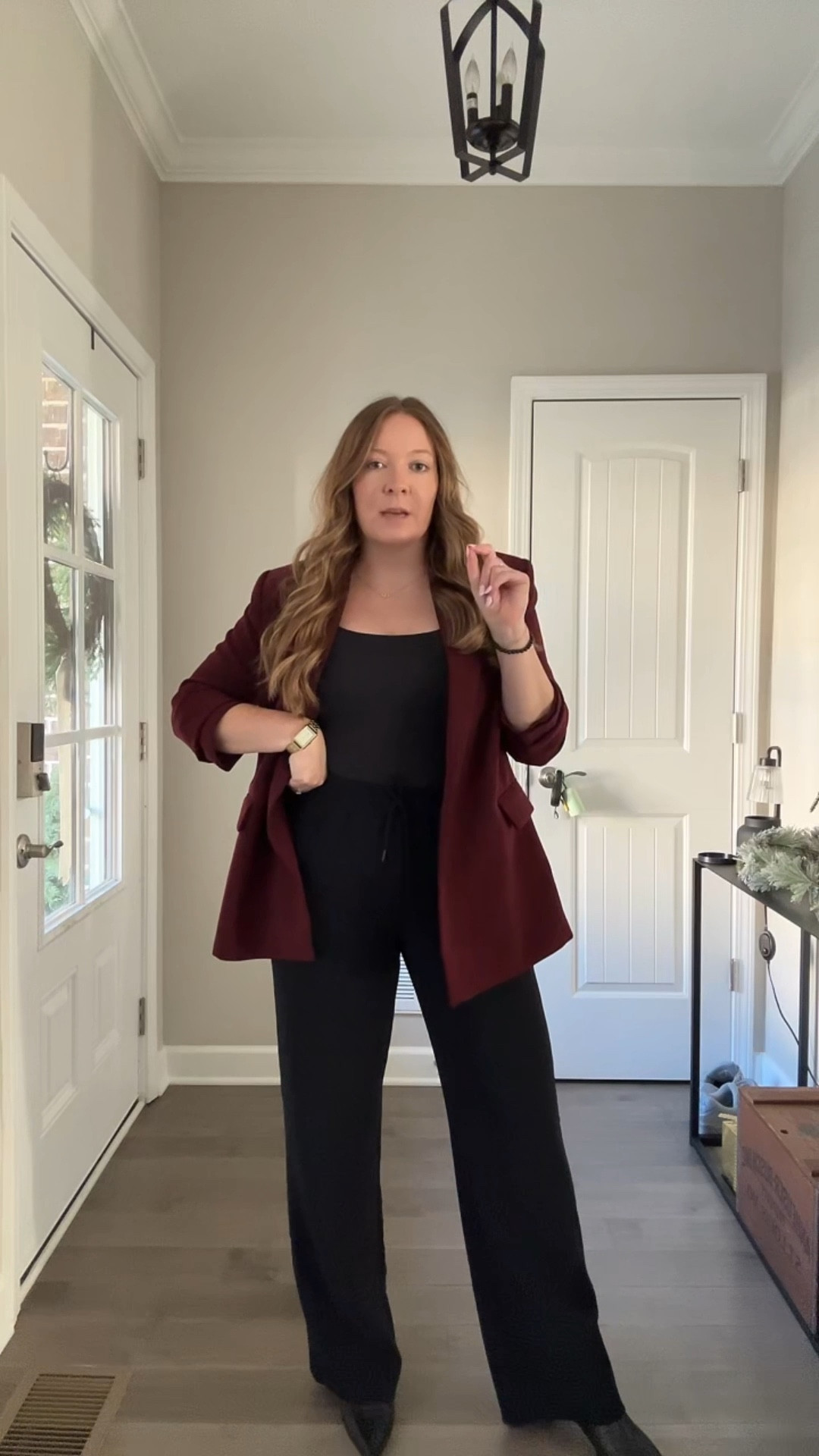 Maroon blazer / I love that this still has a shape! / tts wearing a medium 
Black bodysuit / tts wearing a medium 
Crepe wide leg pants / do not wrinkle and are so comfy! / tts wearing a medium
Black kitten heel booties / tts 
Gold watch 
Evil eye necklace 
Gold and diamond small hoop earrings 

#LTKFindsUnder100 #LTKWorkwear #LTKootd

#LTKWorkwear #LTKootd #LTKFindsUnder100