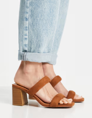 ASOS DESIGN Hyatt padded mid heeled mules in tan | ASOS (Global)