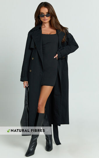 Avah Trench Coat - Double Breasted Tie Waist Coat in Black | Showpo (ANZ)