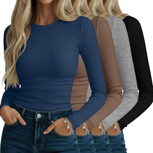 Neer 4 Pack Women's Ribbed Long Sleeve Shirts, Cotton Crew Neck Slim Fit Tops Stretch Knit Casual... | Amazon (US)