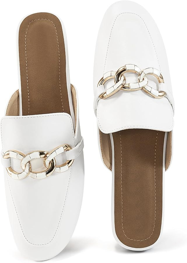 Ecetana Womens Mules Dressy Flats: Slip On Slides Backless Loafers Closed Round Toe Metal Chain M... | Amazon (US)