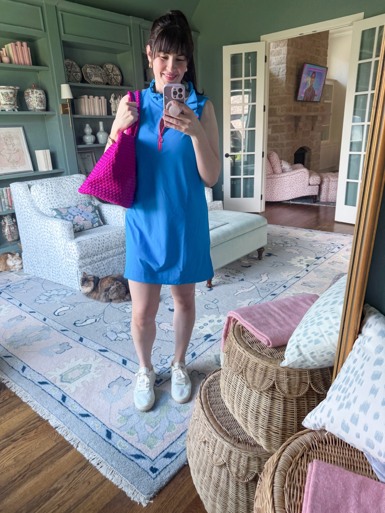 Blue sleeveless scuba dress, pink woven tote, sneakers, and cats 🐱 

#HOCWinter

#LTKFindsUnder100 #LTKMidsize #LTKOver40
