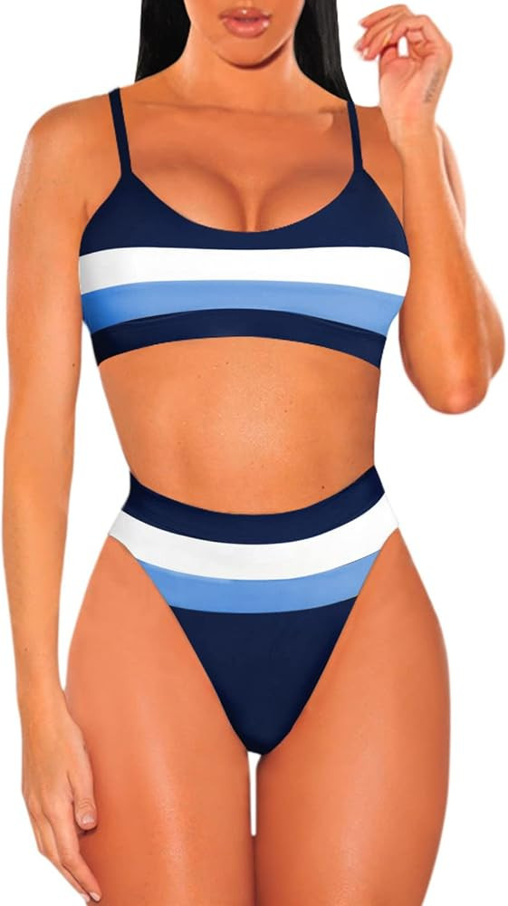 Pink Queen Women's Push Up Pad High Cut High Waisted Cheeky Two Piece Swimsuit | Amazon (US)