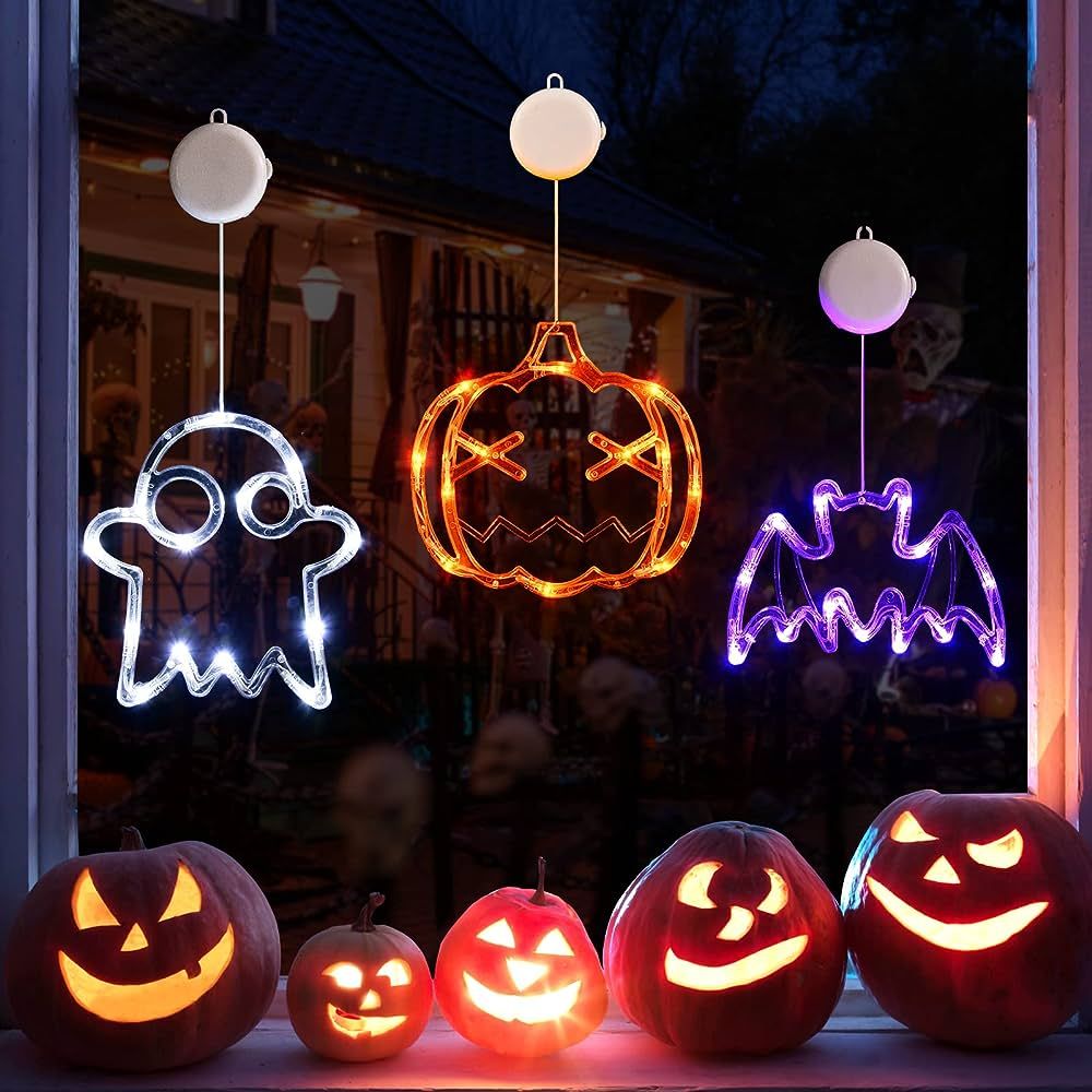LOLStar Halloween Decorations 3 Pack Orange Pumpkin, White Ghost, Purple Bat Halloween Window Lig... | Amazon (US)