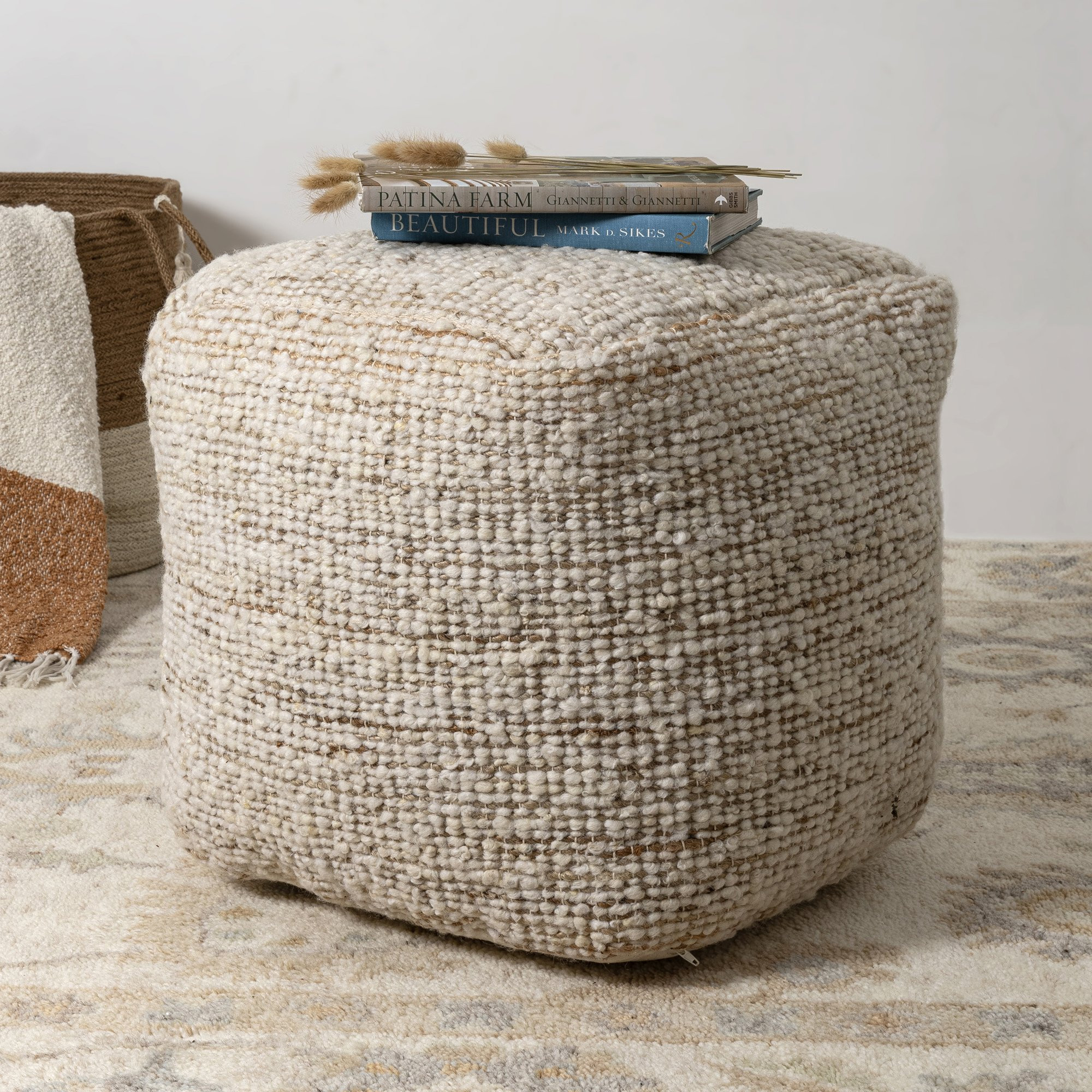 Briar Pouf Paige Ivory/Natural Wool/Jute Handmade Striped | Rugs Direct