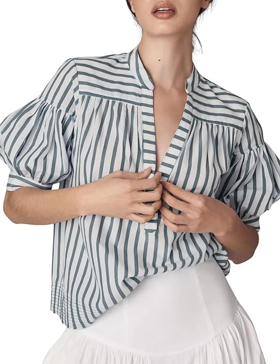 Womens Summer Pleated V Neck T Shirts Short Sleeve Casual Loose Blouses Striped Tunics Swing Top | Amazon (US)