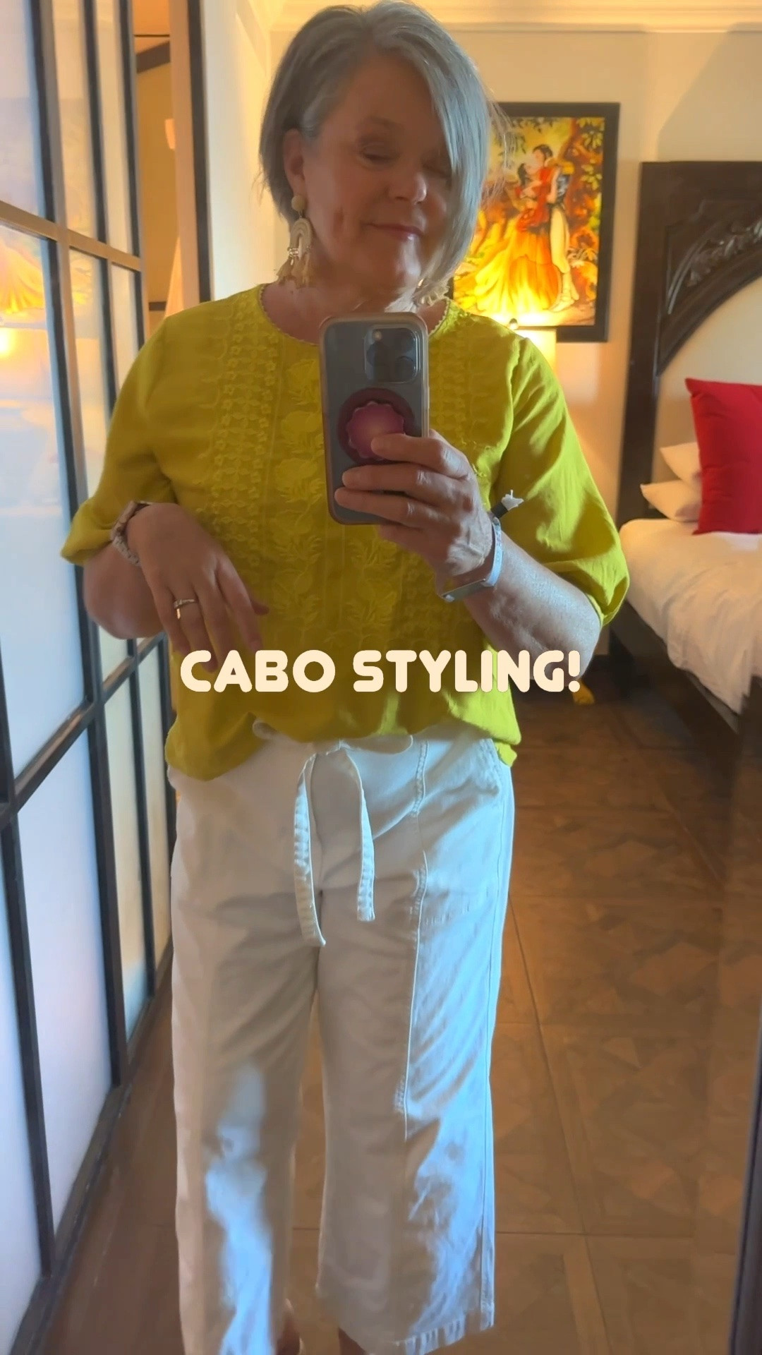 We were in Cabo Mexico and the weather was perfect! For dinner one night I wore this casual outfit. White pants with a tie at the waist and a linen embroidered top with white wedge sandals. Comfortable, stylish and breezy. #whattowearincabo #styleatanyage #over50fashion

#LTKMidsize #LTKTravel