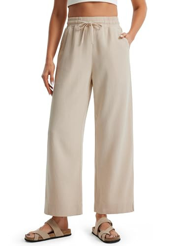 Libin Linen Pants Women Wide Leg Summer Casual Beach Palazzo Pants High Waist Cotton Linen Lounge Travel Work Trousers with Pockets, Khaki,Medium | Amazon (US)