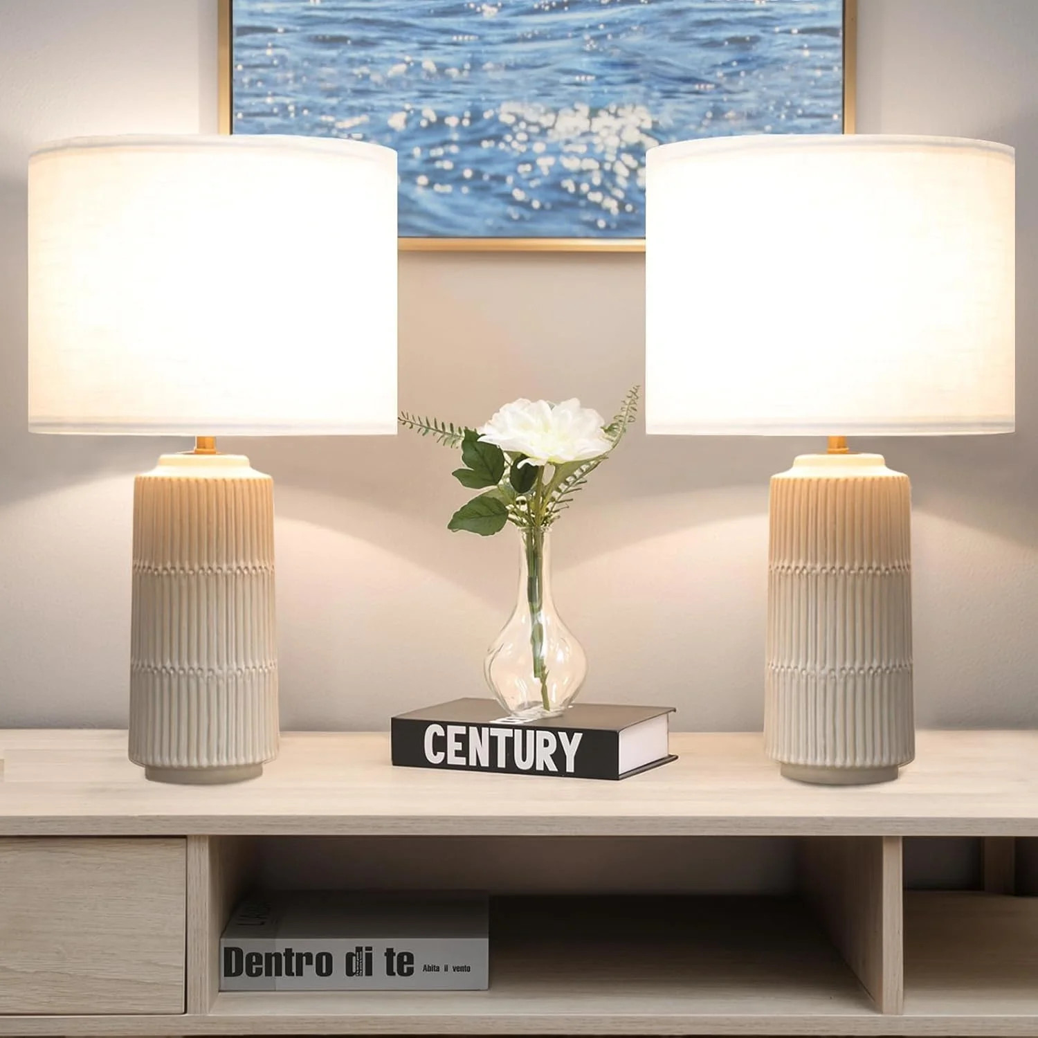 23" Modern Ceramic Table Lamps with White Fabric Shade Set of 2, White Table Lamps for Bedroom, L... | Walmart (US)