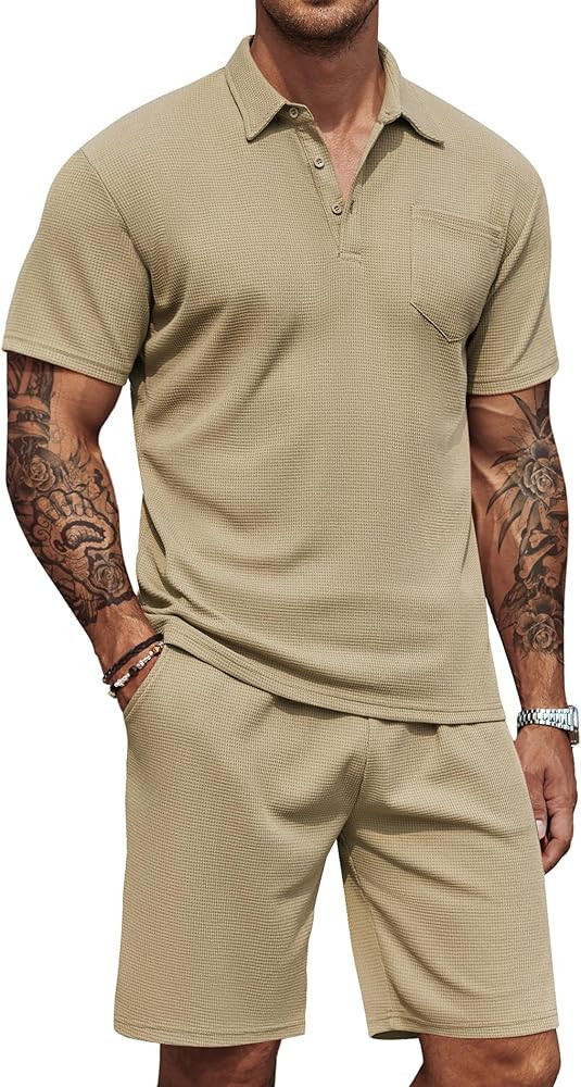 COOFANDY Men's Waffle Knit Polo Shirt and Shorts Set 2 Pieces Outfits Summer Suit Casual Tracksui... | Amazon (US)