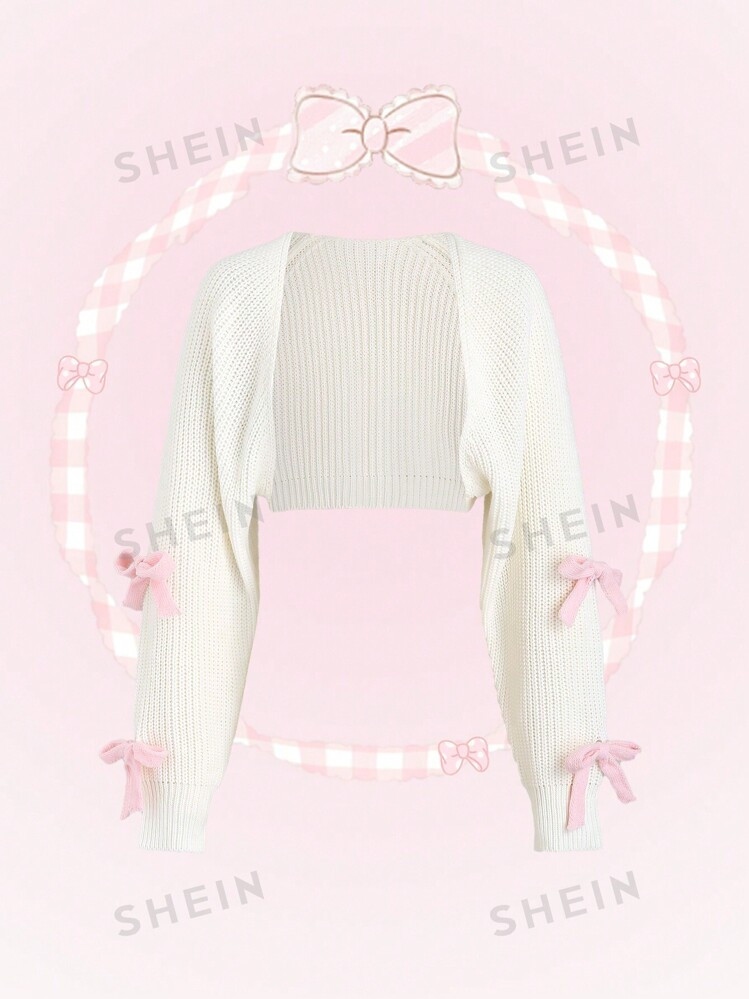 SHEIN MOOSTA Women's Cute And Kawaii White Long Sleeve Cardigan With Pink Bow-Tie. | SHEIN USA | SHEIN