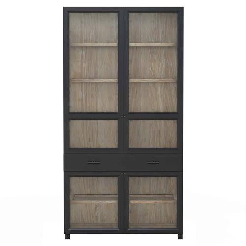 Emery Rustic Lodge Clear Glass Black Oak Wood 2 Door Display Cabinet | Kathy Kuo Home