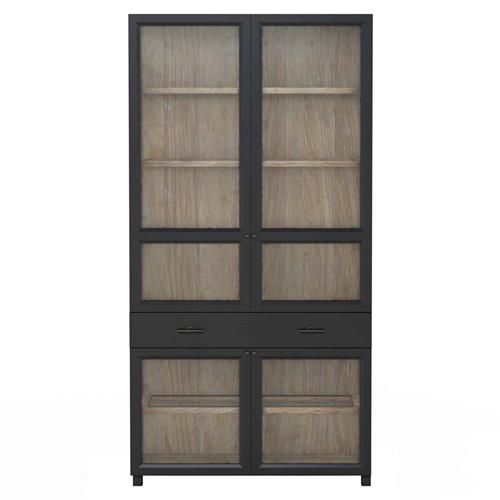 Emery Rustic Lodge Clear Glass Black Oak Wood 2 Door Display Cabinet | Kathy Kuo Home