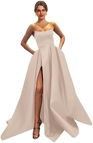 MllesReve Womens Long Strapless Satin Prom Dress Sleeveless Slit Evening Ball Gown with Pockets | Amazon (US)
