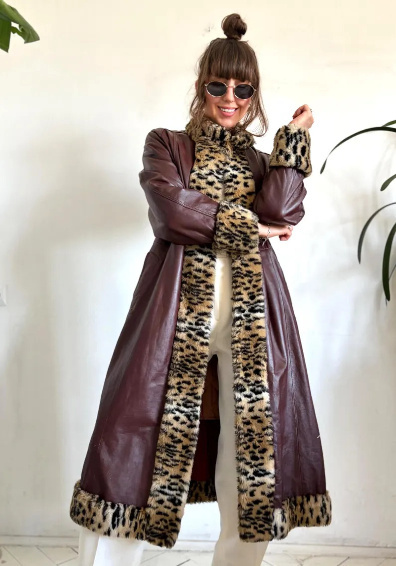 vintage genuine leather burgundy coat long faux fur trimmed cheetah leopard woman Pinterest style... | Etsy (Global)