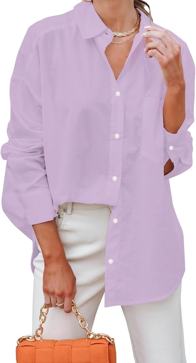BONITEE Women's Long Sleeve Oversized Button Down T Shirt Blouse Top Casual Work Shirt | Amazon (US)