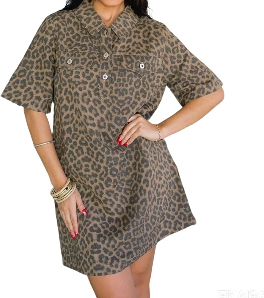 Women's Leopard Print Denim Shirt Dress Summer Casual Short Sleeve Collared Shift Jean Dresses wi... | Amazon (US)