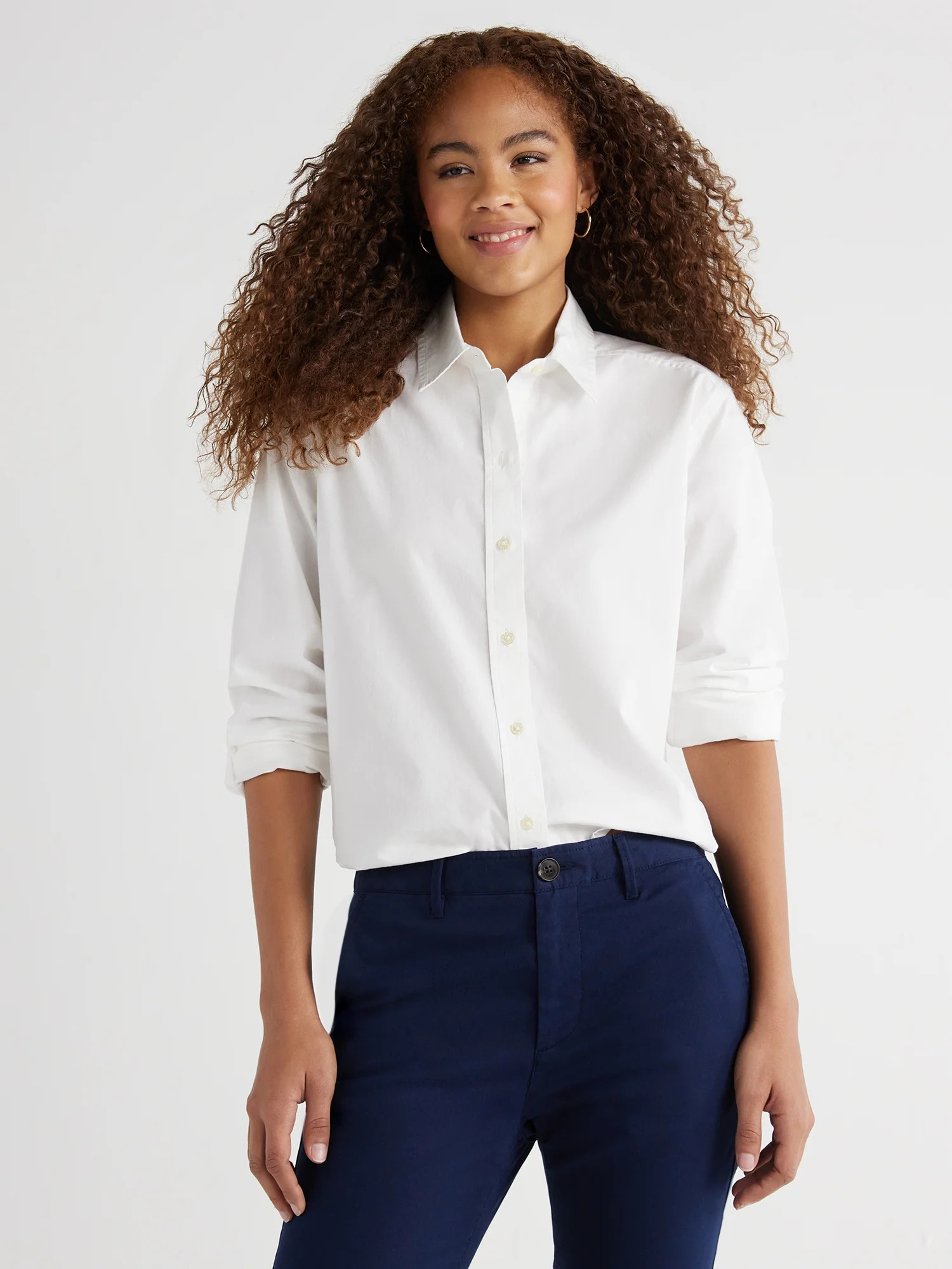 Free Assembly Women’s Cotton Cropped Button Down Shirt with Long Sleeves, Sizes XS-XXL | Walmart (US)