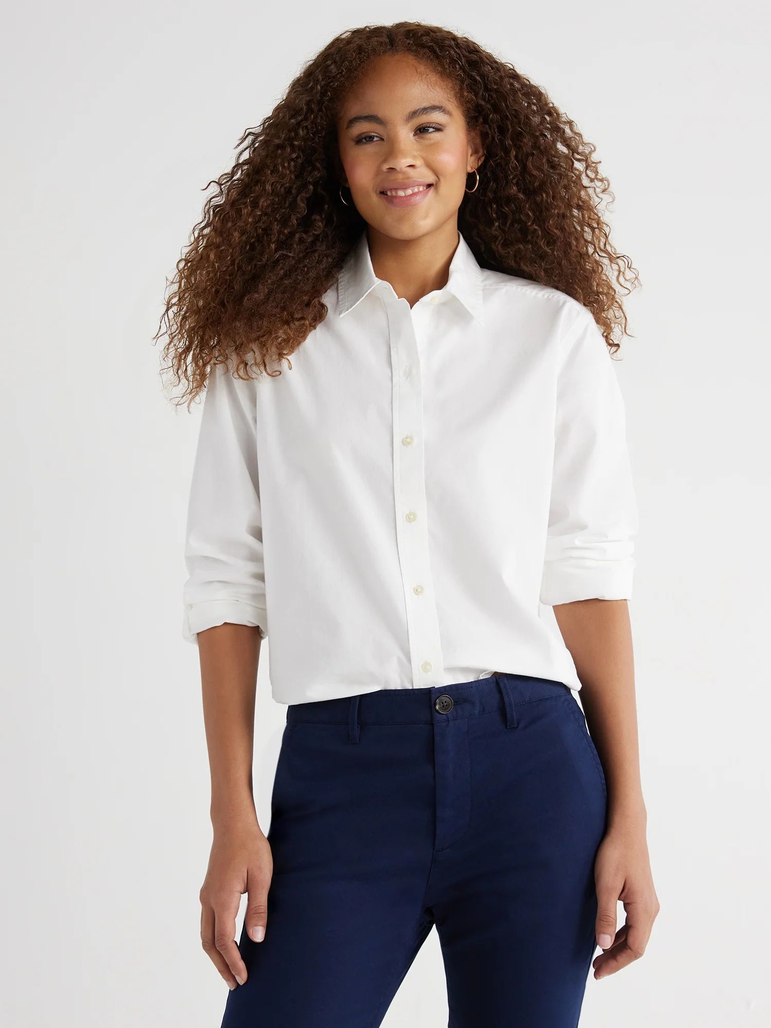 Free Assembly Women’s Cotton Cropped Button Down Shirt with Long Sleeves, Sizes XS-XXL - Walmar... | Walmart (US)
