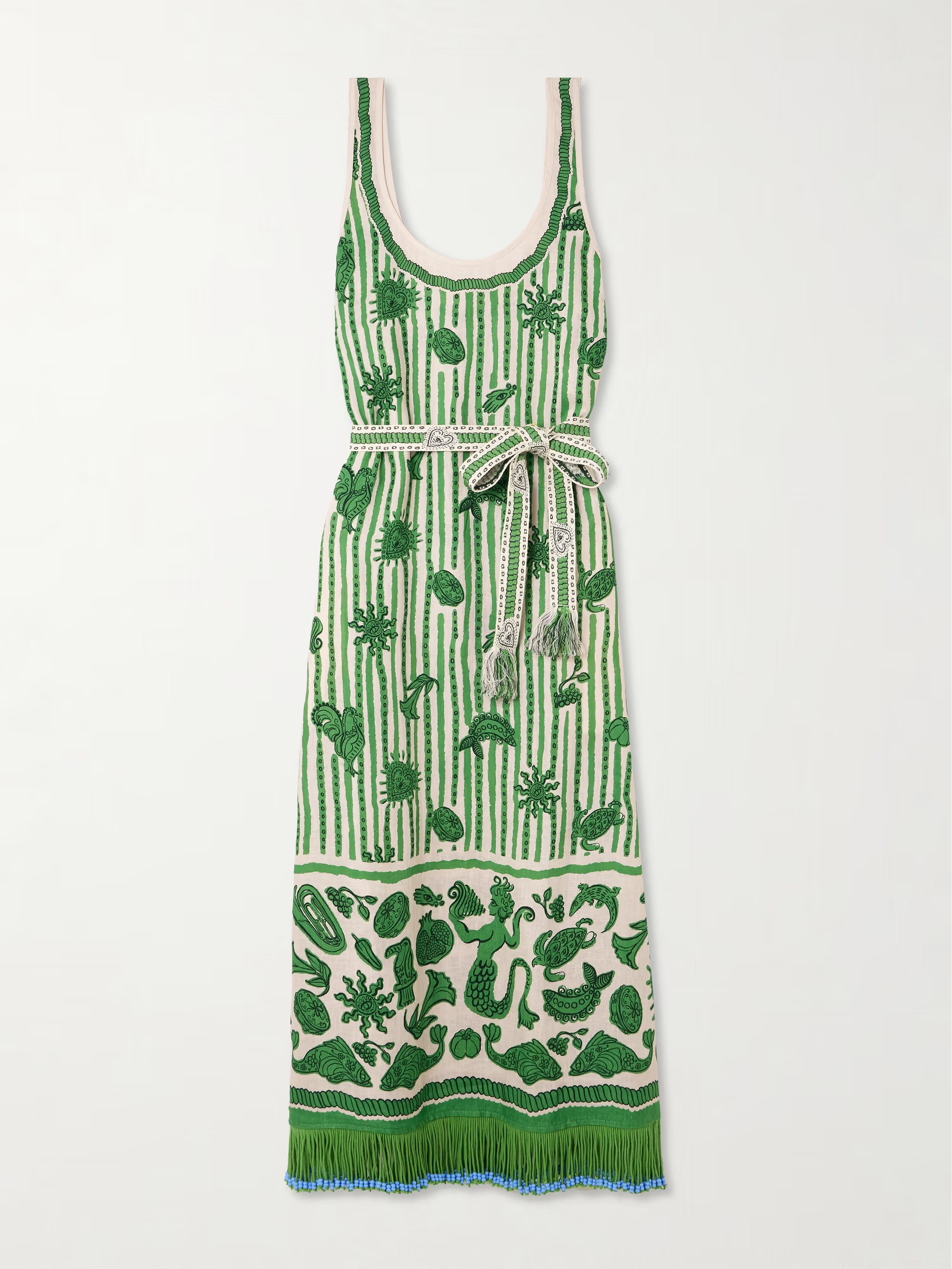 Lula belted fringed embellished printed cotton and silk-blend midi dress | NET-A-PORTER (US)