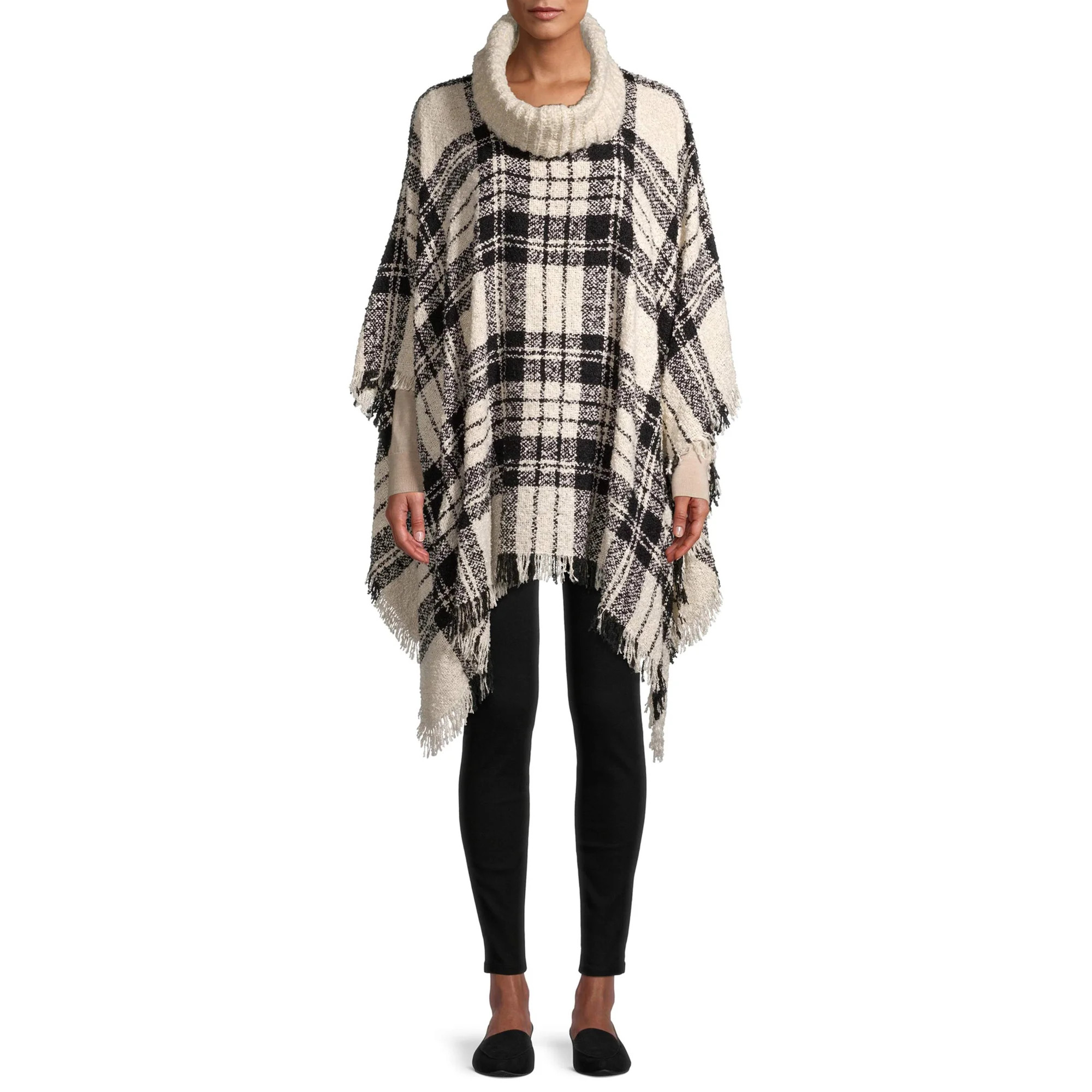 Time and Tru Women's Plaid Boucle Poncho with Ribbed Cowl Neck | Walmart (US)