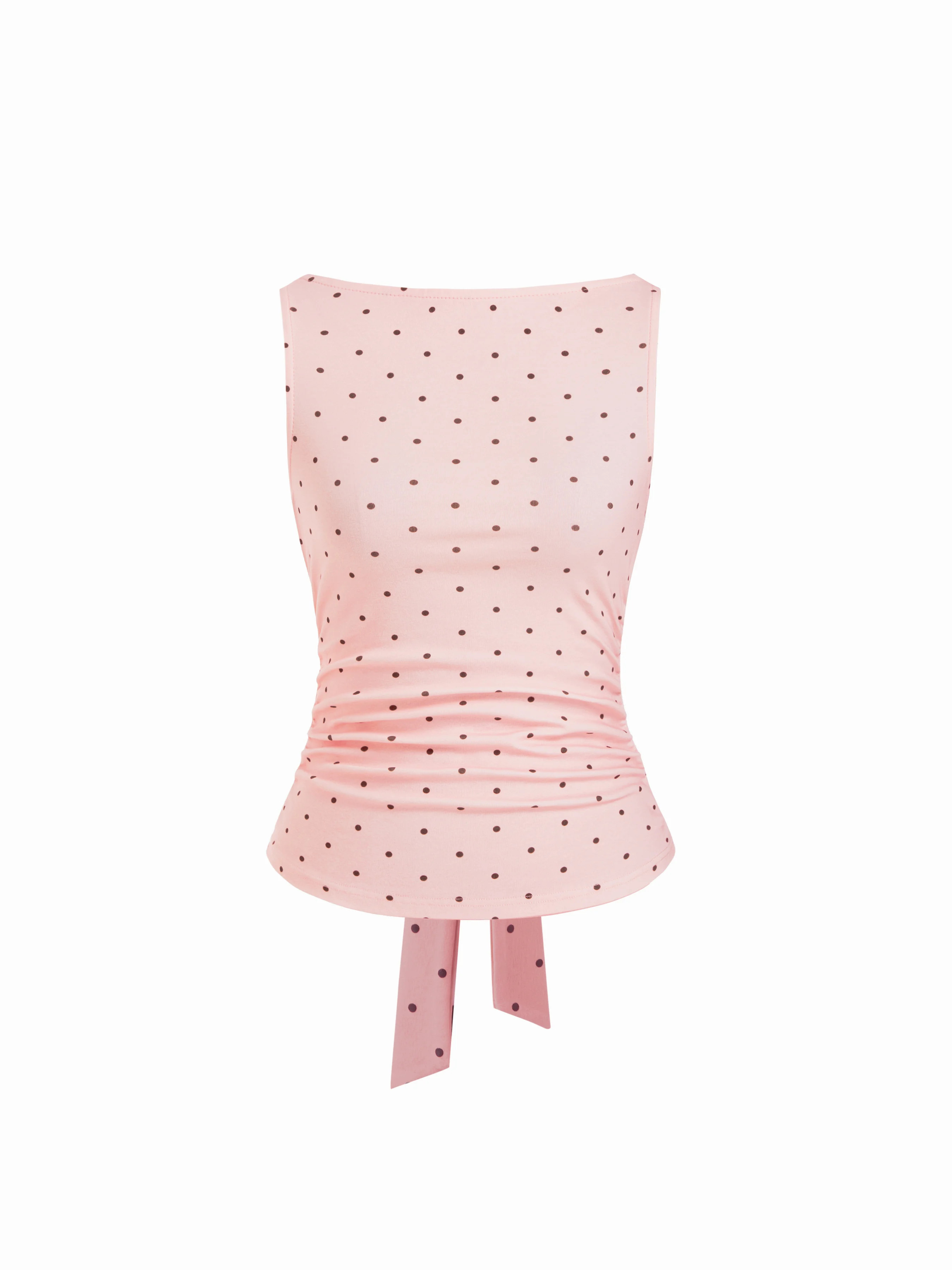 Cotton-blend Boat Neck Knotted Polka Dot Ruched Tank Top | Cider