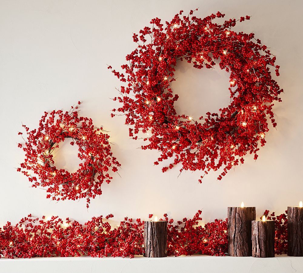 Lit Faux Red Berry Wreath & Garland | Pottery Barn (US)