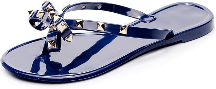 Studded Jelly Shoes for Womens Bow Flip Flops Jellies Sandals Flat Black Summer Beach Thong with ... | Amazon (US)