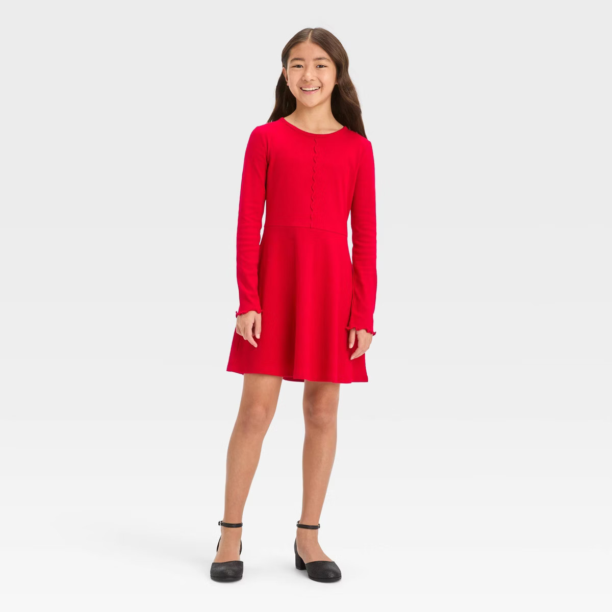 Girls' Long Sleeve Seam Front Fitted Dress - art class™ Red XS | Target