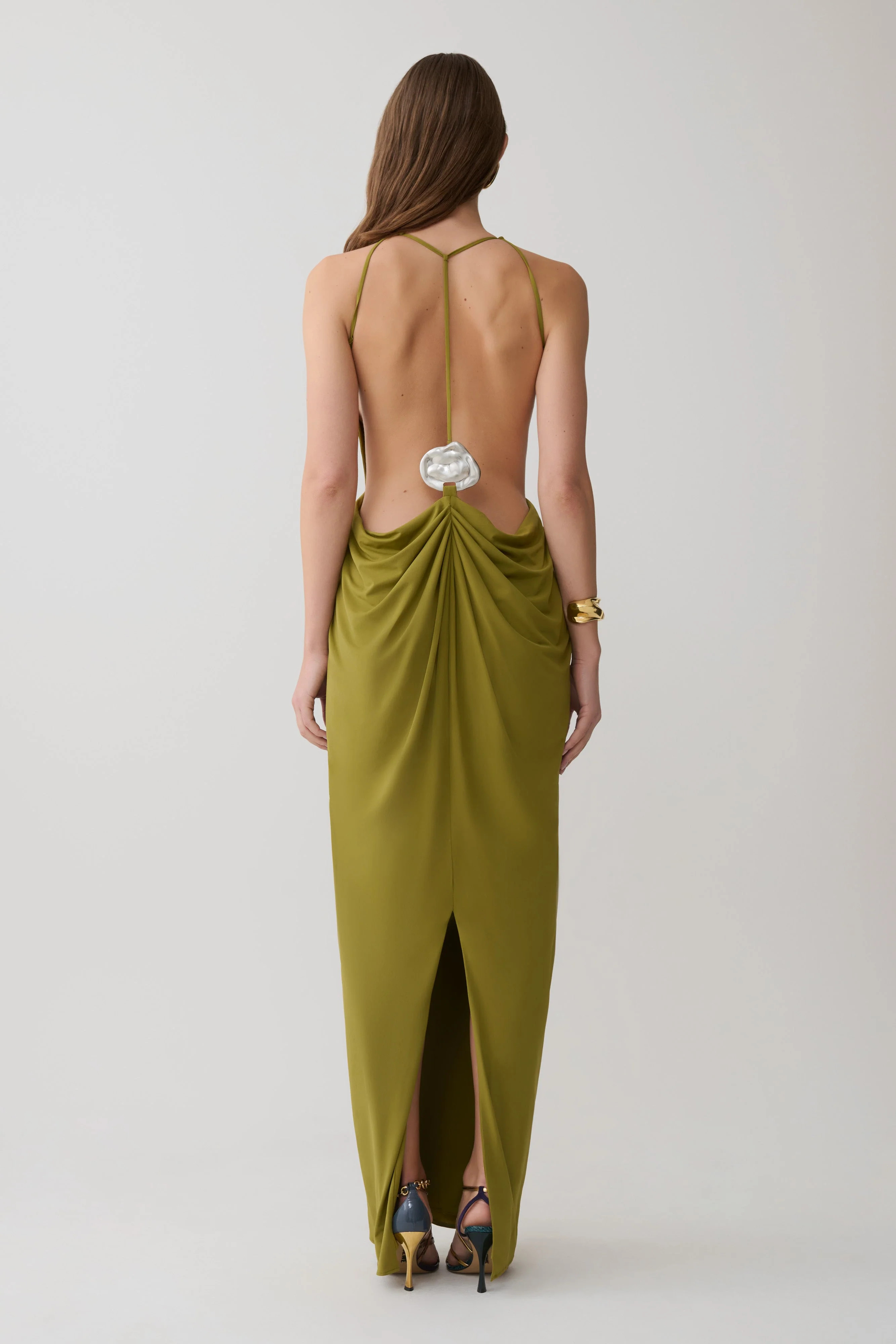 Bahari Low Back Halter Maxi Dress - Vintage Olive | MESHKI US