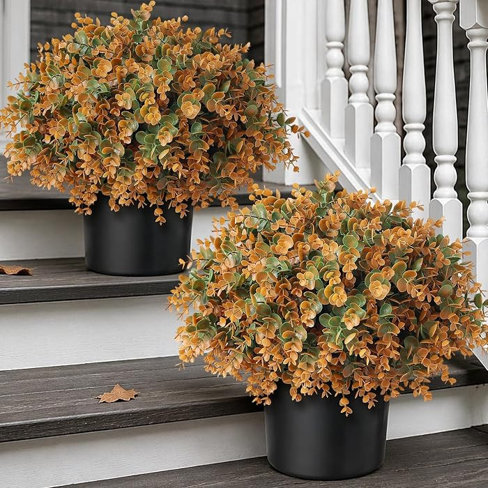 2Pcs Lifelike Touch Fake Eucalyptus Topiary Trees for Porch (Fall Orange) | Amazon (US)
