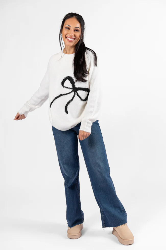 Feeling Like Love Ivory and Black Bow Crew Neck Sweater DOORBUSTER | Pink Lily