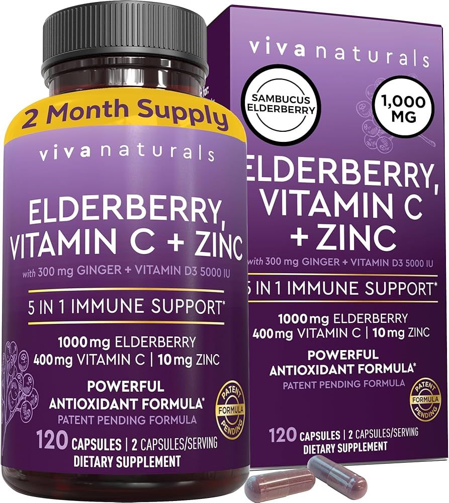 Amazon.com: Viva Naturals Sambucus Elderberry with Vitamin C and Zinc for Adults - 5 in 1 Sambucu... | Amazon (US)