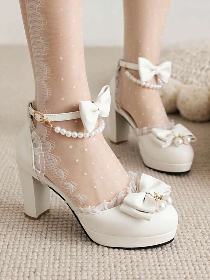 Women Bow & Faux Pearls Decor Chunky Heeled Ankle Strap Pumps, Preppy Outdoor Pumps | SHEIN