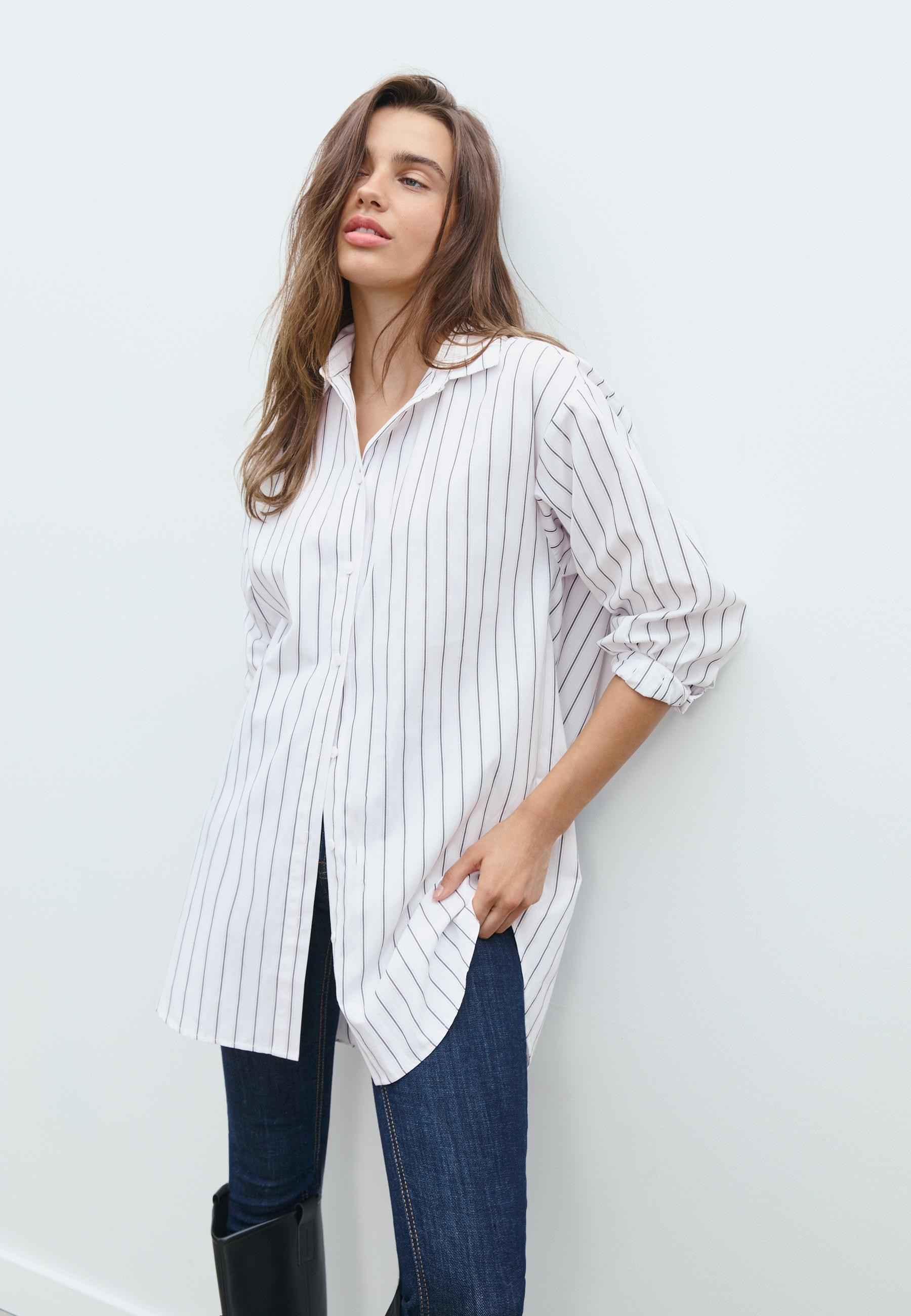 Long striped poplin shirt - Women's Shirts & Blouses | Stradivarius United Kingdom | Stradivarius (UK)