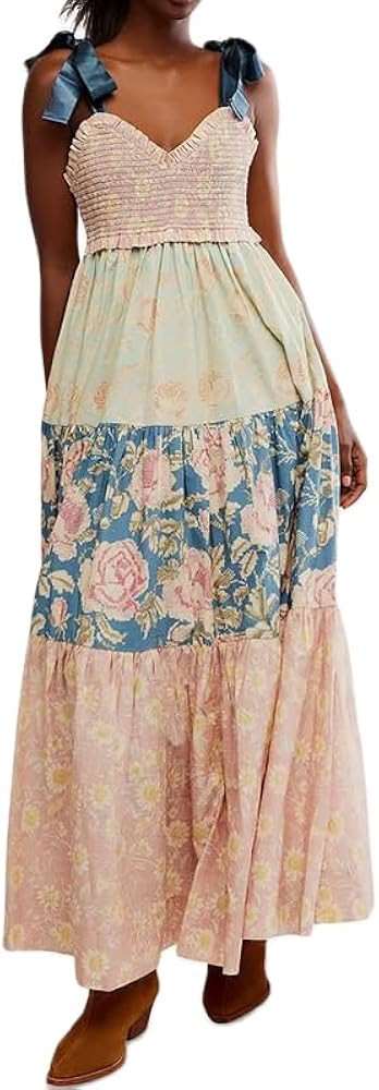 Women Boho Tie Shoulder Dress Y2k Floral Smocked Long Flowy Dresses Cute Summer Beach Spaghetti S... | Amazon (US)