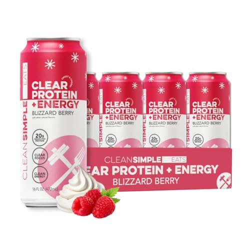 Clean Simple Eats Clear Protein + Energy Drink, 20G Grass Fed Whey Protein Isolate, 100MG Natural Caffeine, L Theanine & Cognatiq, No Artificial Ingredients, Blizzard Berry Flavor, 16 Oz Cans, 12 Pack | Amazon (US)