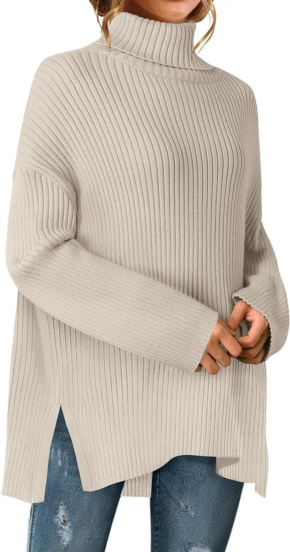 ZESICA Women's 2024 Winter Sweaters High Neck Long Sleeve Chunky Knit Oversized Side Slit Pullove... | Amazon (US)