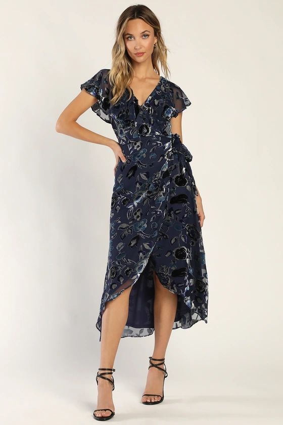 Floral Passions Navy Blue Floral Velvet Wrap Midi Dress | Lulus (US)