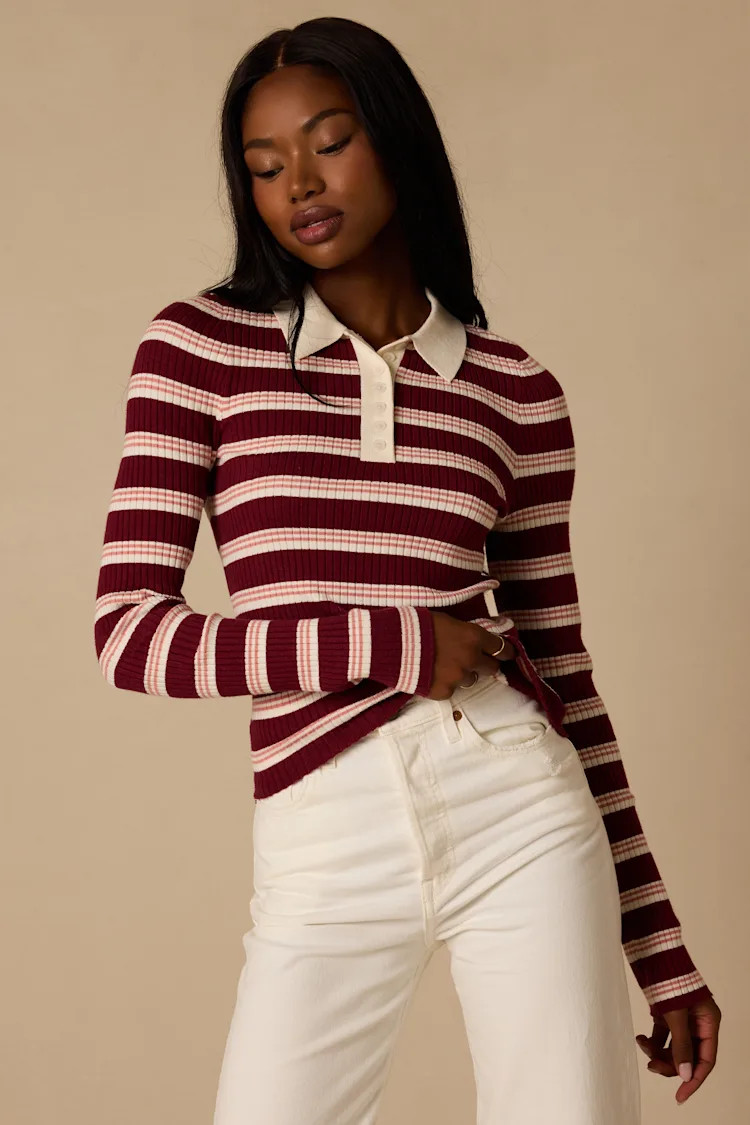 Opal Burgundy and Pink Striped Ribbed Knit Collar Top | Lulus