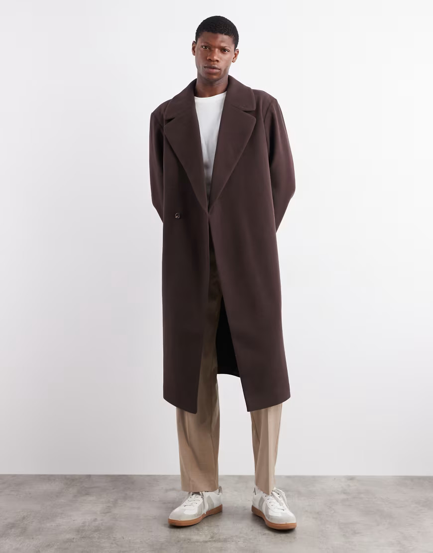 ASOS DESIGN wool look longline coat in dark brown | ASOS (Global)