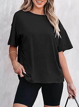 EVALESS Womens Fashion Summer Tops 2024 Crewneck Short Sleeve Oversized Tshirts Solid Color Tee S... | Amazon (US)