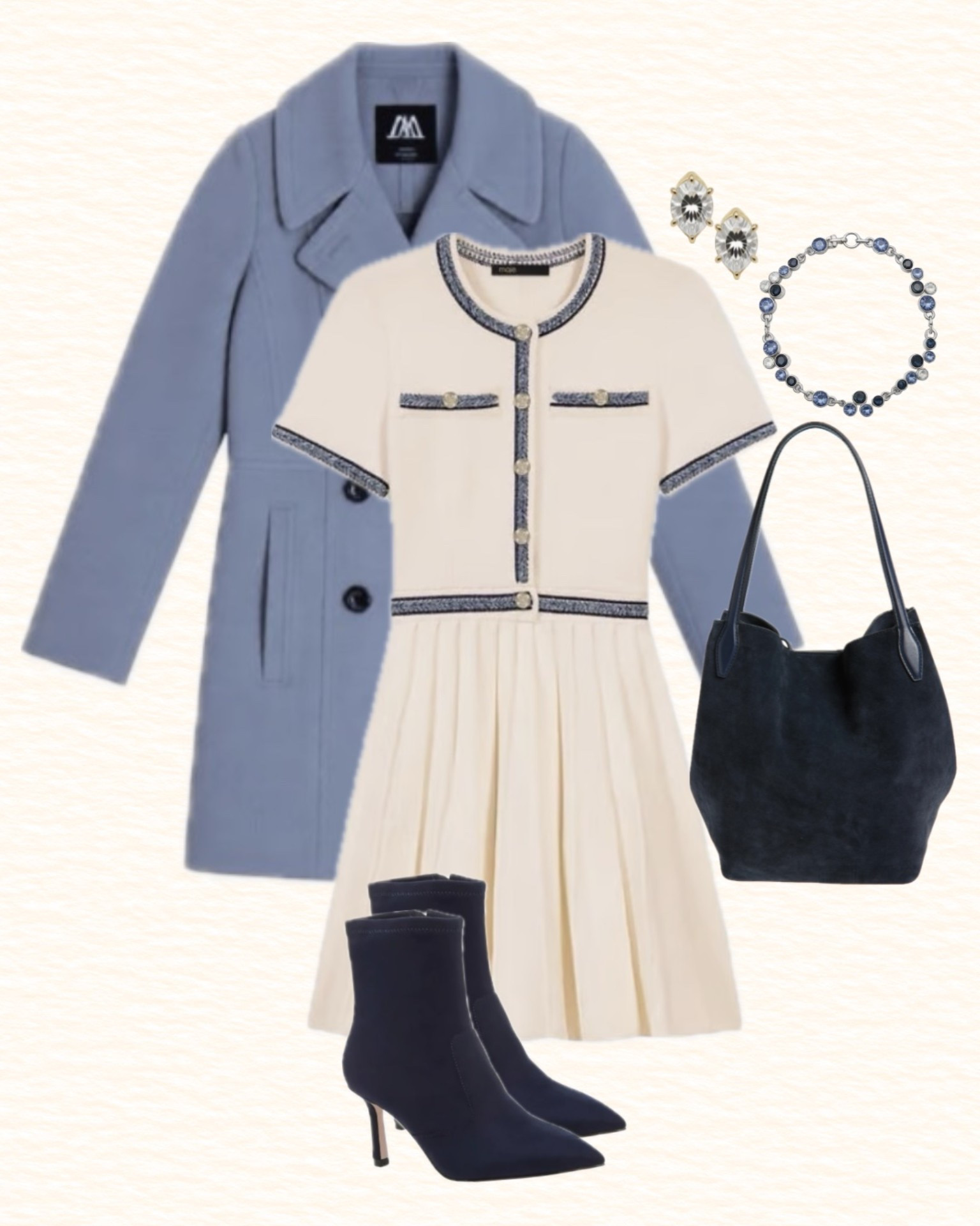 Blue wool coat with a preppy blue dress, navy suede heeled booties and bag.

#LTKootd #LTKSeasonal #LTKWorkwear
