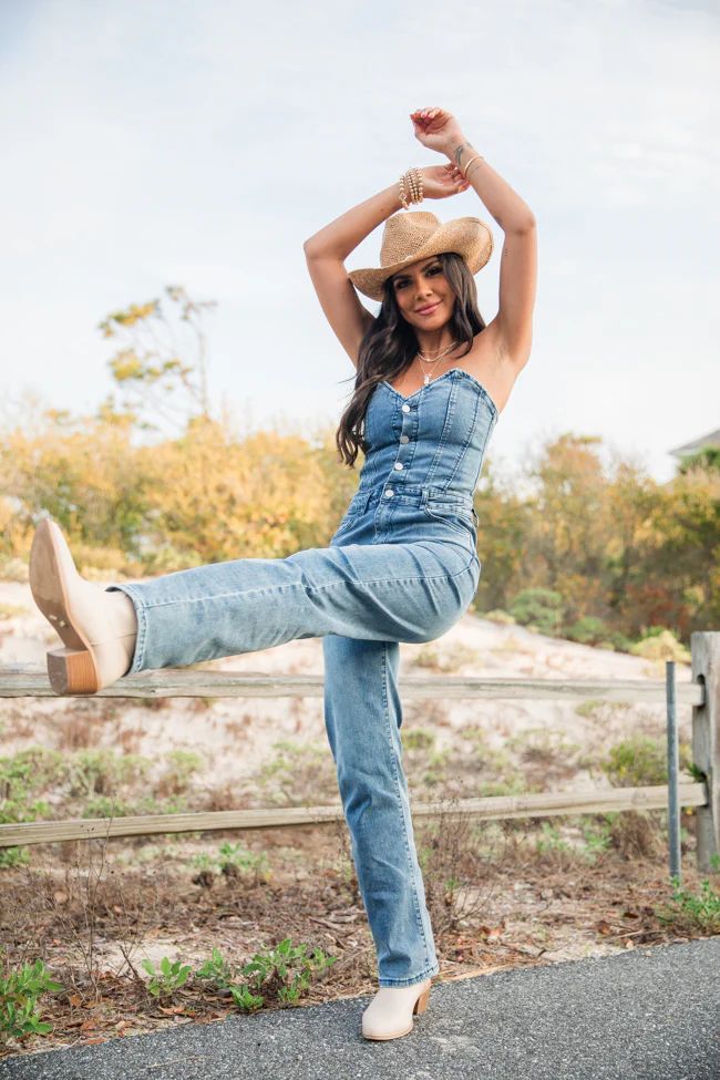 Country Roads Sweetheart Denim Jumpsuit | Pink Lily